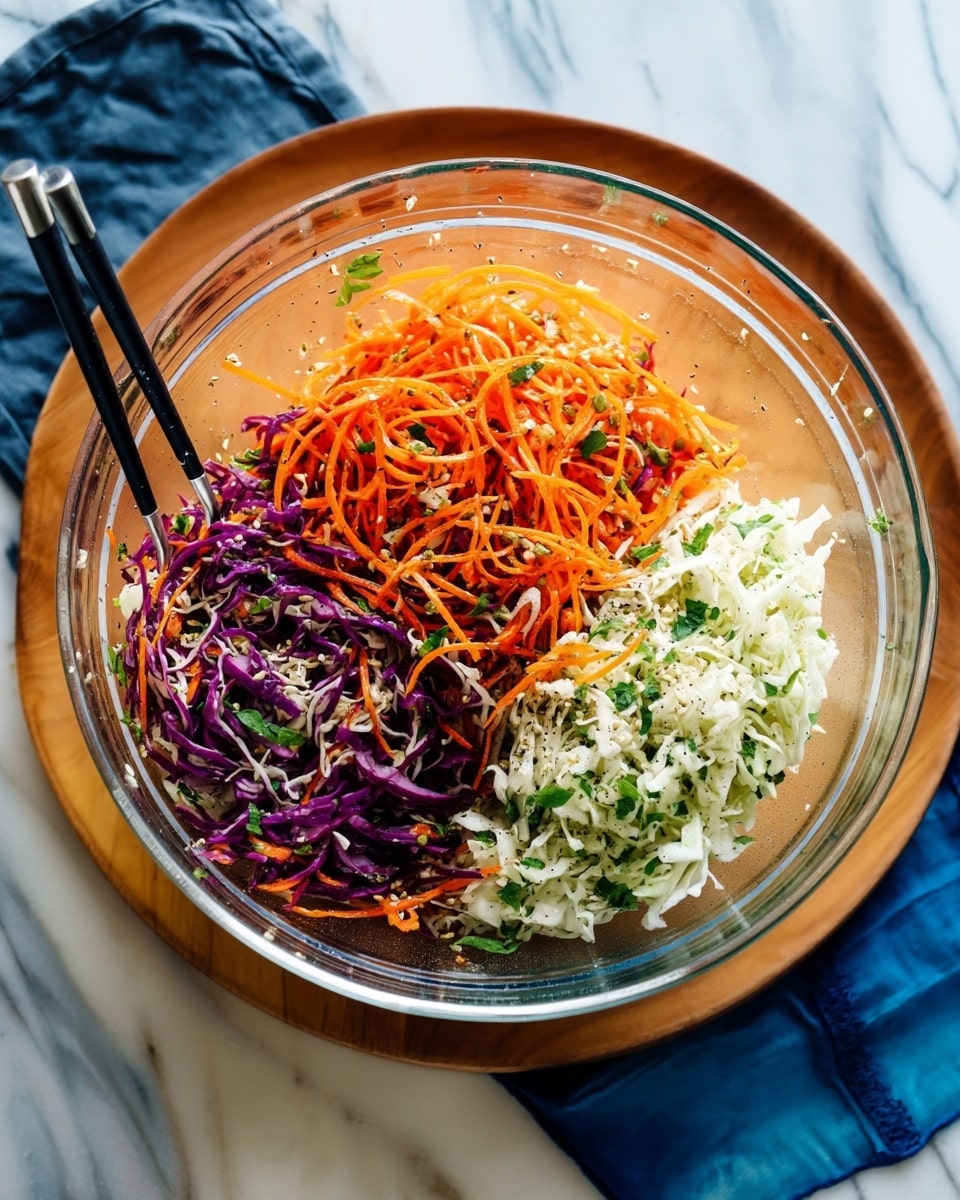 A clear glass bowl filled with three layers of shredded vegetables: the top layer is made of thin, bright orange carrot strips, the middle layer has shredded white cabbage, and the bottom layer shows shredded purple cabbage. The salad is mixed with chopped green herbs and small sprinkled seeds. Two black-handled metal spoons rest in the bowl, partially buried in the salad. The bowl is placed on a round wooden board over a white marbled surface, with a dark blue cloth peeking from the bottom right corner. Photo taken with an iphone --ar 4:5 --v 7