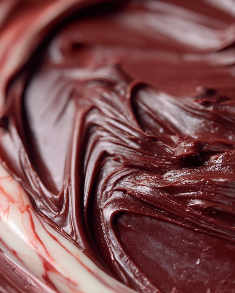 This close-up image shows thick, rich chocolate frosting with a shiny and smooth texture. The frosting is spread unevenly with visible swirls and peaks that catch the light, showing its creamy and dense consistency. There is a warm glow on some parts of the chocolate, adding depth and richness to the dark brown layers. The background is a white marbled texture. photo taken with an iphone --ar 4:5 --v 7