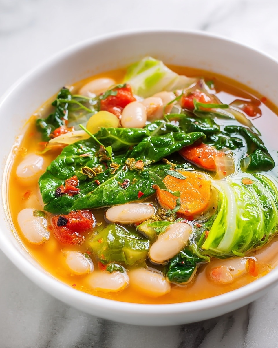 The image shows a white bowl filled with colorful vegetable soup. The soup has several layers, starting with clear broth at the bottom, topped with bright green leafy pieces, orange carrot slices, white beans, celery slices, and small chopped red vegetables. The soup looks fresh with a mix of soft and slightly crunchy textures. The background surface is a white marbled texture. photo taken with an iphone --ar 4:5 --v 7