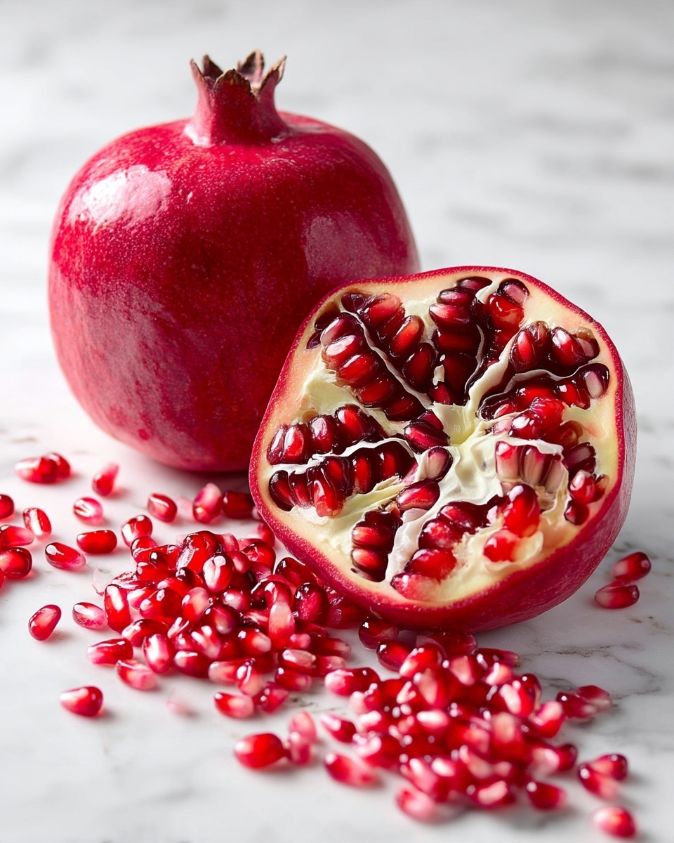 A close-up view of a pomegranate that is cut open to show its bright red seeds inside. The pomegranate is divided into sections by white soft membranes, while many shiny red seeds spill out in front of it onto a white marbled surface. The seeds are small, smooth, and glossy with a mix of deep red and lighter pink shades. There is a smaller piece of pomegranate on the left with more seeds visible inside. The image focuses on the rich color and texture of the seeds and the fruit’s natural layers, all on the white marbled surface. Photo taken with an iphone --ar 4:5 --v 7