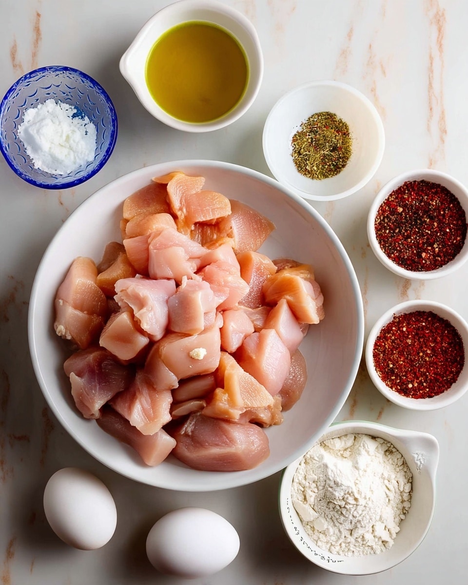 A white bowl in the center is filled with many pieces of raw light pink chicken, cut into small chunks. Around this bowl, there are six small bowls and one egg placed directly on the white marbled surface. Starting from the top, a white bowl holds greenish olive oil, a white bowl to the right contains a mix of green, black, and red pepper seasoning, and two blue bowls show white powders, likely salt and another seasoning. At the bottom left is a white bowl with flour inside, and next to it rests a plain white egg on the surface. The whole setup sits on a light wooden table with a white marbled texture visible underneath. Photo taken with an iphone --ar 4:5 --v 7