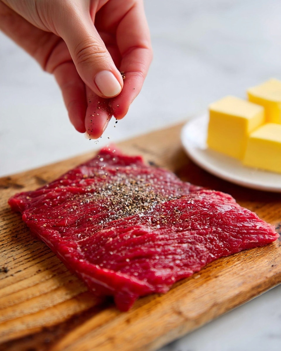 A large raw piece of red meat with a slightly rough texture lies flat on a wooden cutting board with a natural grain pattern. The meat is sprinkled with black pepper, which a woman's hand is adding from above, with fingers pinching the pepper gently. In the background, slightly out of focus, there is a small white plate holding two yellow pieces of butter. The whole scene is set on a white marbled surface, creating a clean and fresh look. photo taken with an iphone --ar 4:5 --v 7