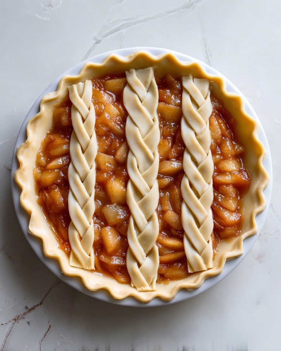 A round white pie dish holds a pie filled with a chunky, glossy, amber-colored fruit filling. On top, there are six long pastry strips arranged in a pattern where three side-by-side are braided and filled with three simple straight strips between them. The crust is light tan, soft, and slightly thick. The pie dish is on a white marbled surface. Photo taken with an iphone --ar 4:5 --v 7