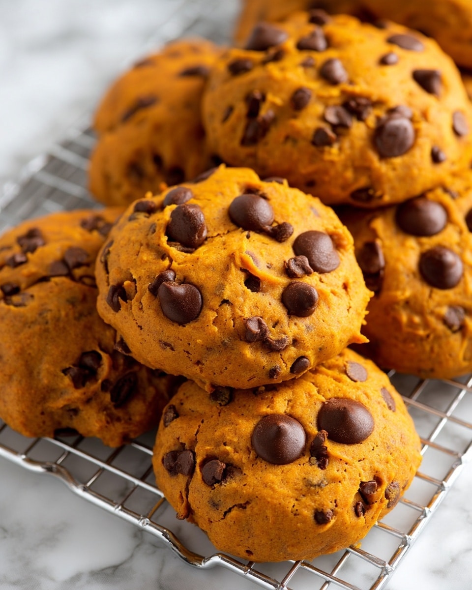 Two thick, soft cookies stacked on a dark wooden surface with a white marbled background. The top cookie is partially broken, showing its moist, orange-brown interior full of dark brown chocolate chips. The bottom cookie is whole, with a rough and slightly cracked texture loaded with scattered chocolate chips. In the background, more cookies are visible resting on a metal rack. Photo taken with an iphone --ar 4:5 --v 7