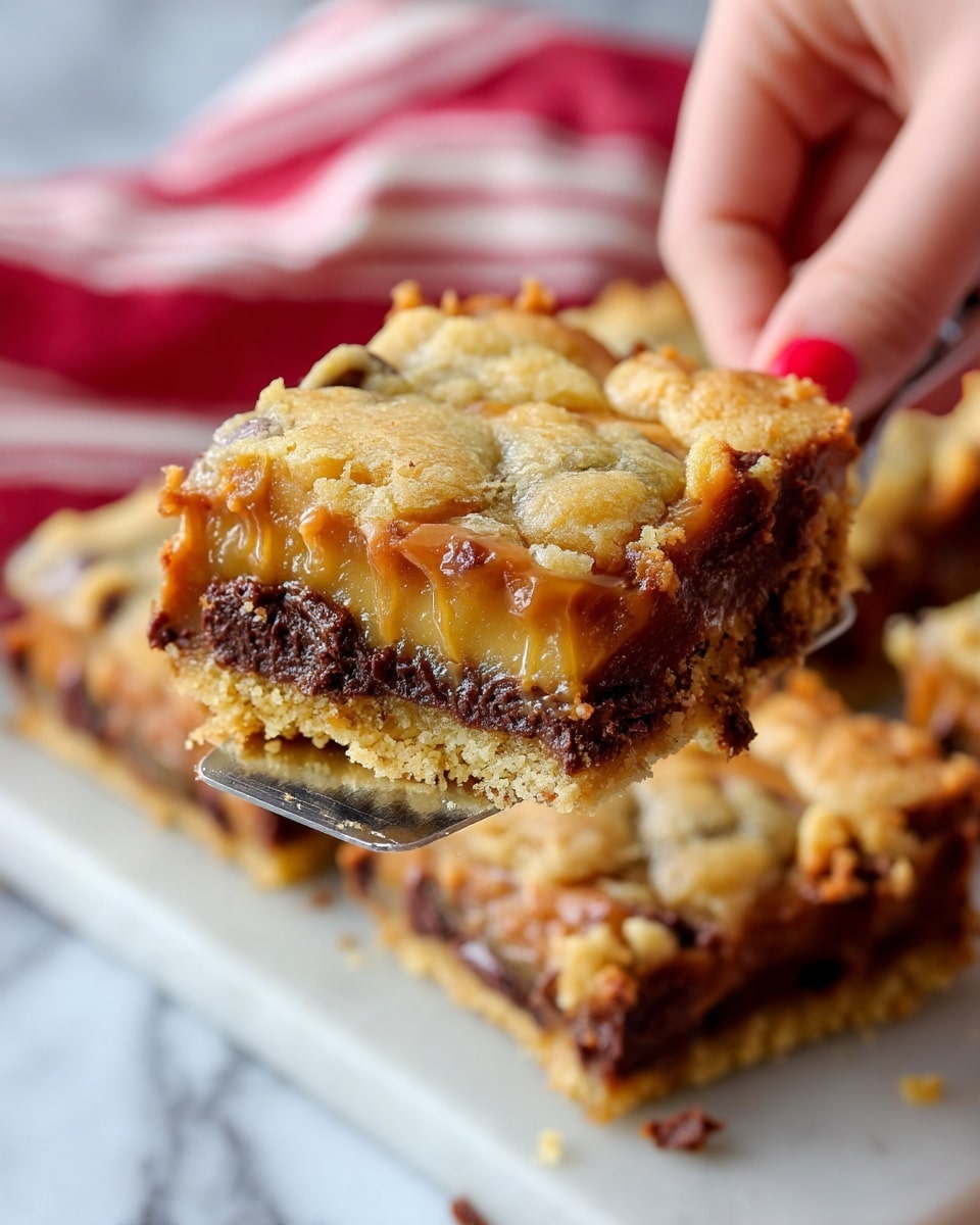 A stack of three thick, square-shaped cookie bars sits on a white plate, showing three distinct layers: the top and bottom layers are golden brown cookies with a soft, crumbly texture mixed with small chocolate chunks, and the middle layer is a rich, melted caramel and dark chocolate mixture oozing out slightly between the cookie layers. The cookie bars have a slightly uneven surface with visible cracks, and the whole stack rests on a white marbled surface with a hint of a red and white striped cloth in front. photo taken with an iphone --ar 4:5 --v 7