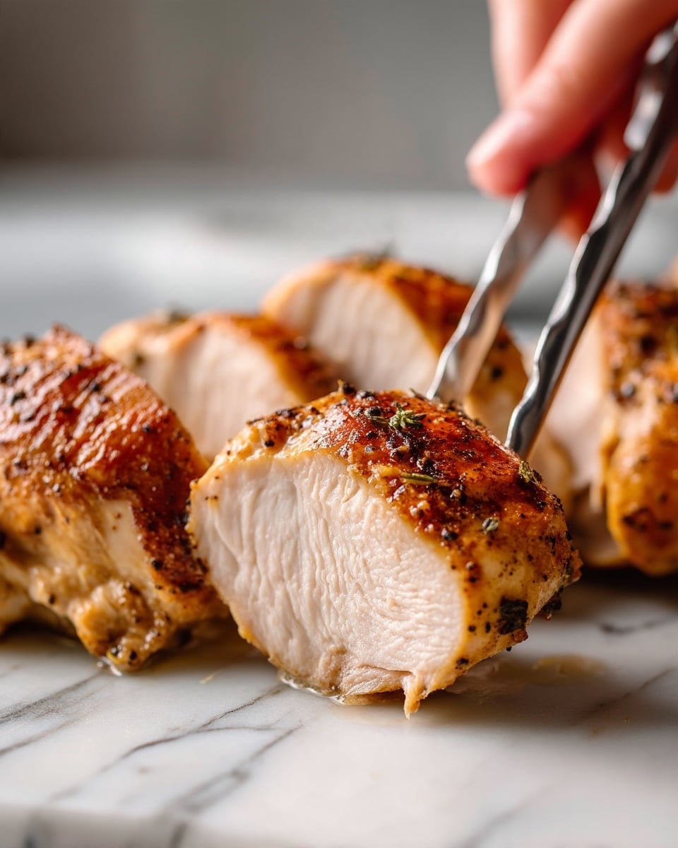 The image shows close-up pieces of cooked chicken on a white marbled surface. The chicken pieces have a light brown, slightly crispy texture with visible black pepper specks on top. A woman's hand holding silver tongs is picking up one piece, showing the juicy and tender inside with a smooth texture. The background is blurred, focusing on the chicken and the tongs, highlighting the warm and cooked colors. photo taken with an iphone --ar 4:5 --v 7