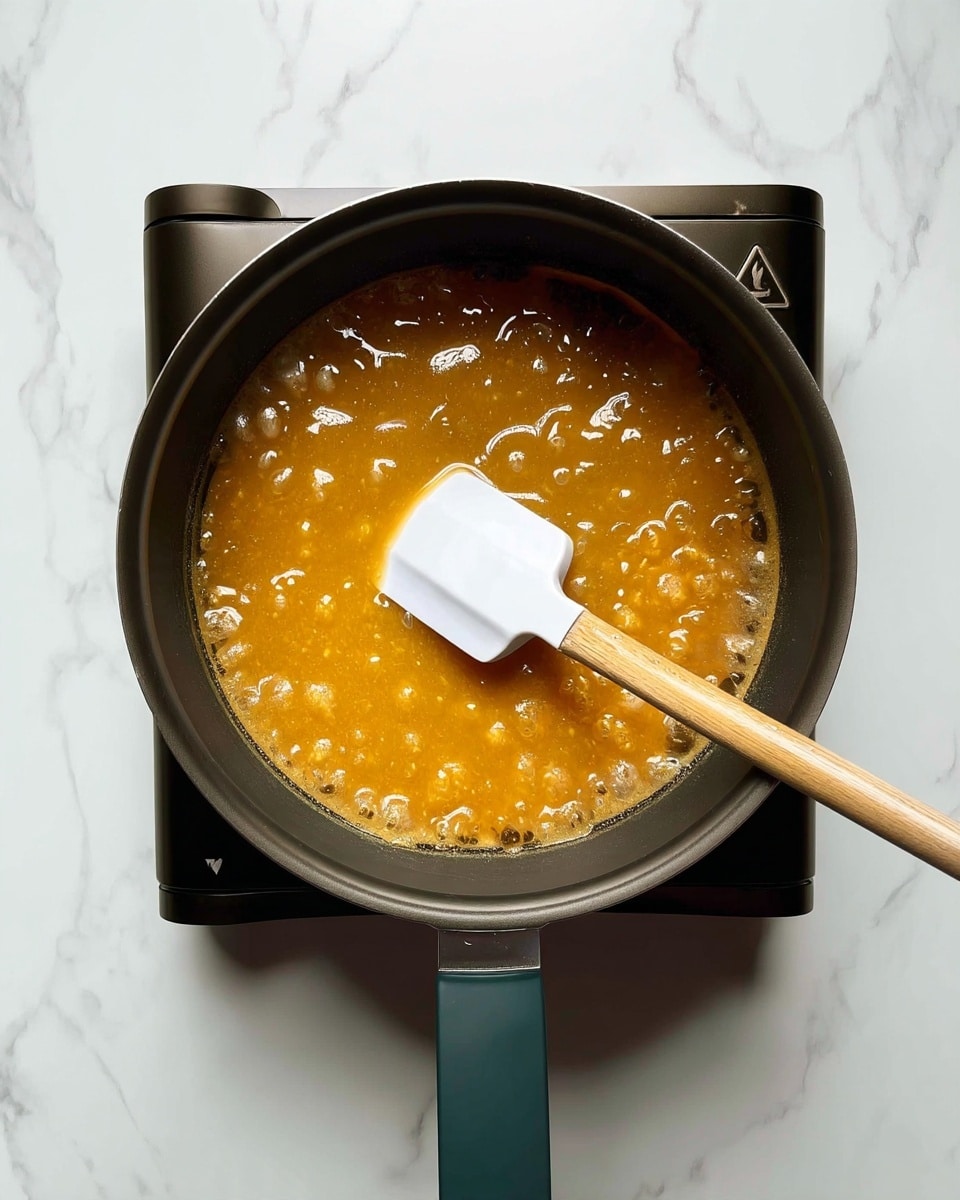 A dark pot is sitting on a black electric stove on a white marbled surface. Inside the pot, there is a bubbling golden-orange liquid that looks thick and syrupy. A spatula with a white flat head and a long wooden handle rests inside the pot, partially immersed in the liquid. The pot handle is dark green and extends to the right side of the image. The overall scene is simple and focused on the cooking process. photo taken with an iphone --ar 4:5 --v 7