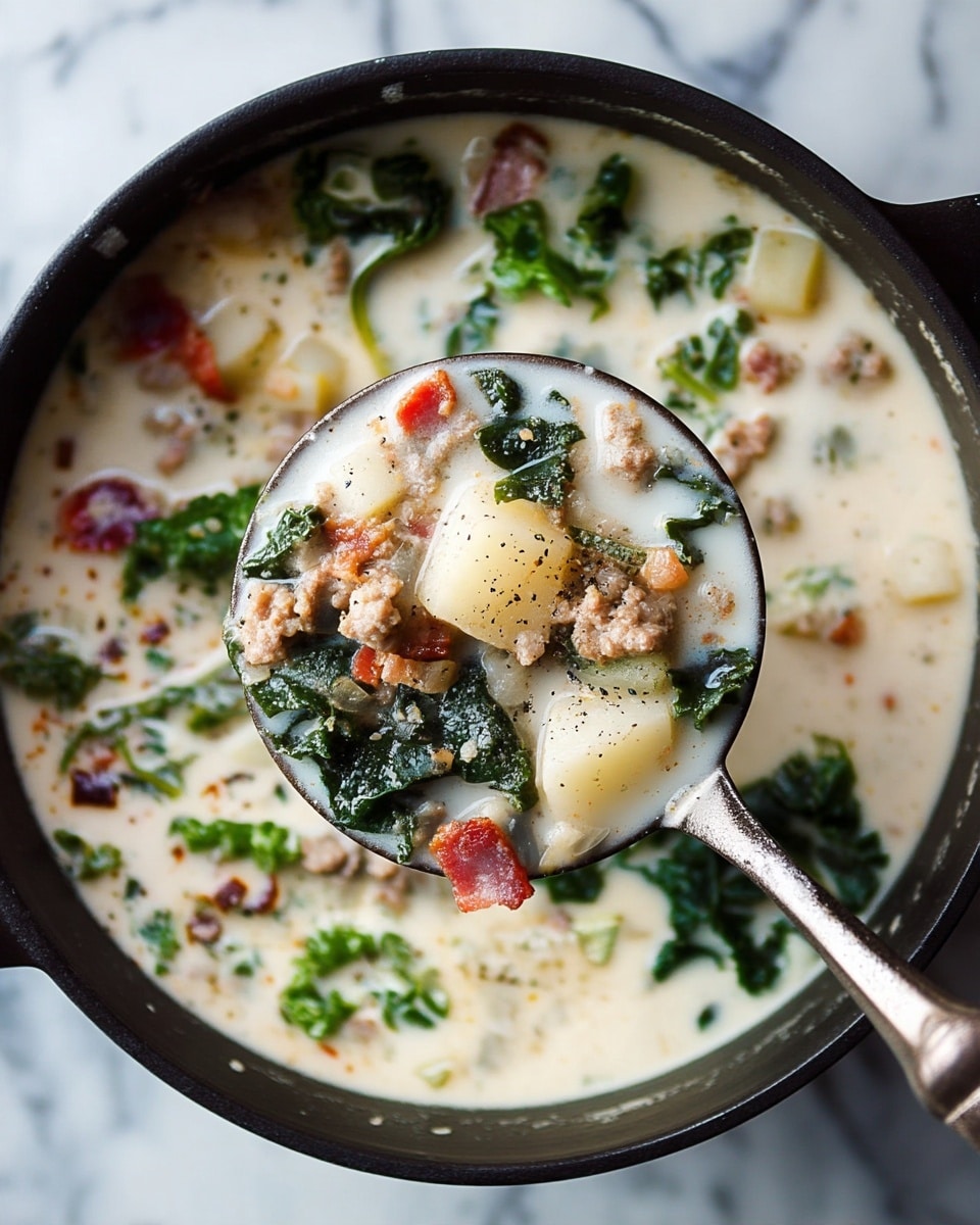 A bowl filled with creamy white soup containing several layers: chunks of light yellow potatoes, dark green curly kale leaves, browned sausage pieces, and reddish-brown crispy bacon bits scattered on top. A silver spoon is dipped into the soup, lifting some kale, bacon, and sausage. The bowl is white with a subtle gray pattern, resting on a white marbled surface. There are torn pieces of light brown crusty bread placed near the bowl, and a beige fringed cloth is seen at the top left corner. Photo taken with an iphone --ar 4:5 --v 7