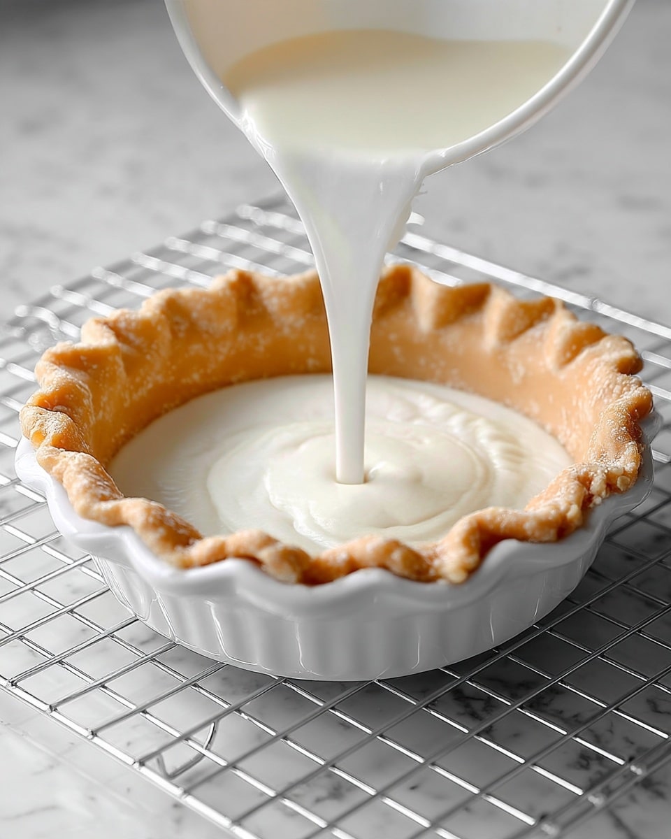 A white pie crust lines a white ceramic pie dish with a crimped edge. A smooth white liquid filling is being poured into the crust from above, overflowing slightly into the dish. The pie dish is placed on a metal cooling rack on a white marbled surface. photo taken with an iphone --ar 4:5 --v 7