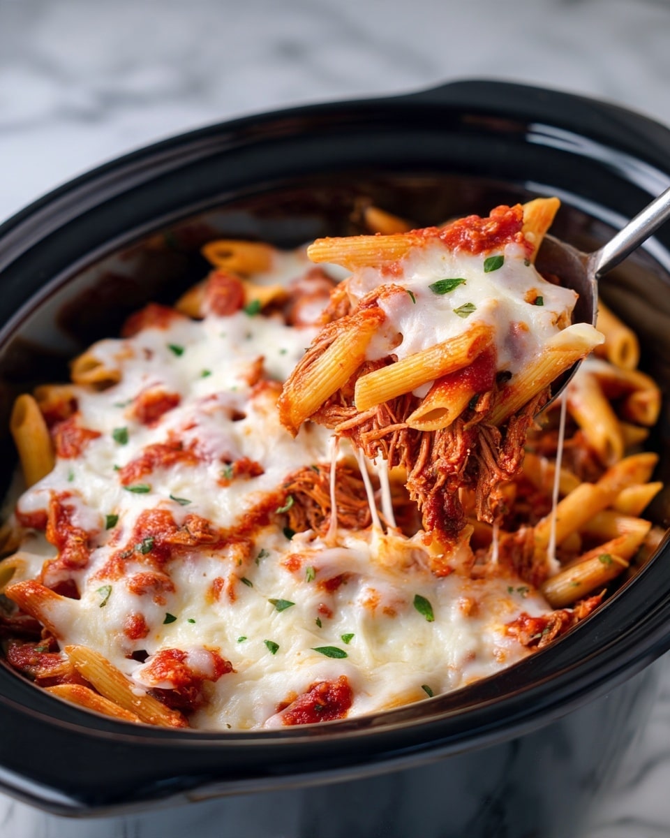 This image shows a black slow cooker filled with a baked pasta dish with three clear layers. The bottom layer is chunky red tomato sauce mixed with shredded meat, evenly spread. The middle layer is penne pasta coated in the red sauce, piled thick in the center. The top layer is melted white cheese, covering the whole surface with some golden spots near the edges. There are small green herb pieces sprinkled over the cheese. A shiny silver spoon is scooping up the pasta and cheese from the right side, lifting it slightly above the remaining cheese in the cooker. The dish sits on a white marbled surface. Photo taken with an iphone --ar 4:5 --v 7