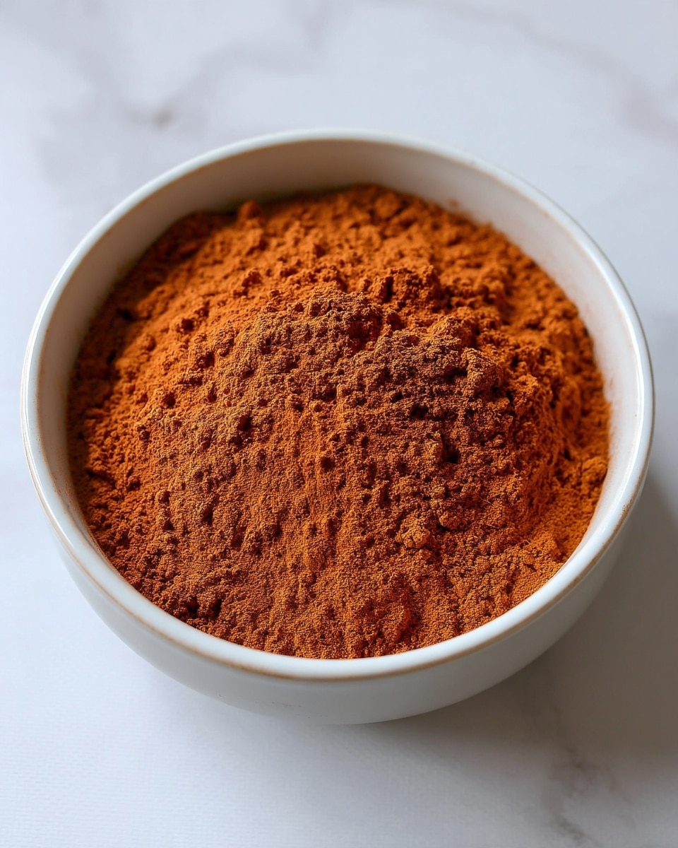 A close-up view of a bowl filled with a single layer of fine, reddish-brown powder that looks smooth and even. The bowl is white inside with a slightly shiny surface, and it sits on a white marbled surface. The powder fills the bowl almost to the top, showing a soft textured surface with small clumps here and there. Photo taken with an iphone --ar 4:5 --v 7