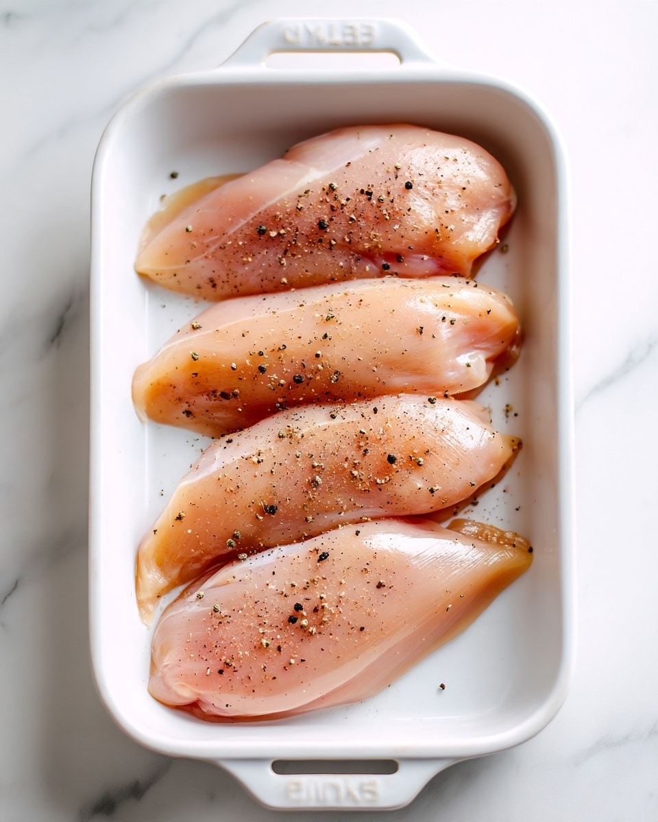 The image shows four raw, pale pink chicken pieces laid side by side in a white baking dish. Each piece has a smooth, slightly shiny texture with small black pepper specks sprinkled evenly on top. The dish has straight white edges and a handle visible on the left side. The background is a white marbled surface, giving a clean and bright look. photo taken with an iphone --ar 4:5 --v 7