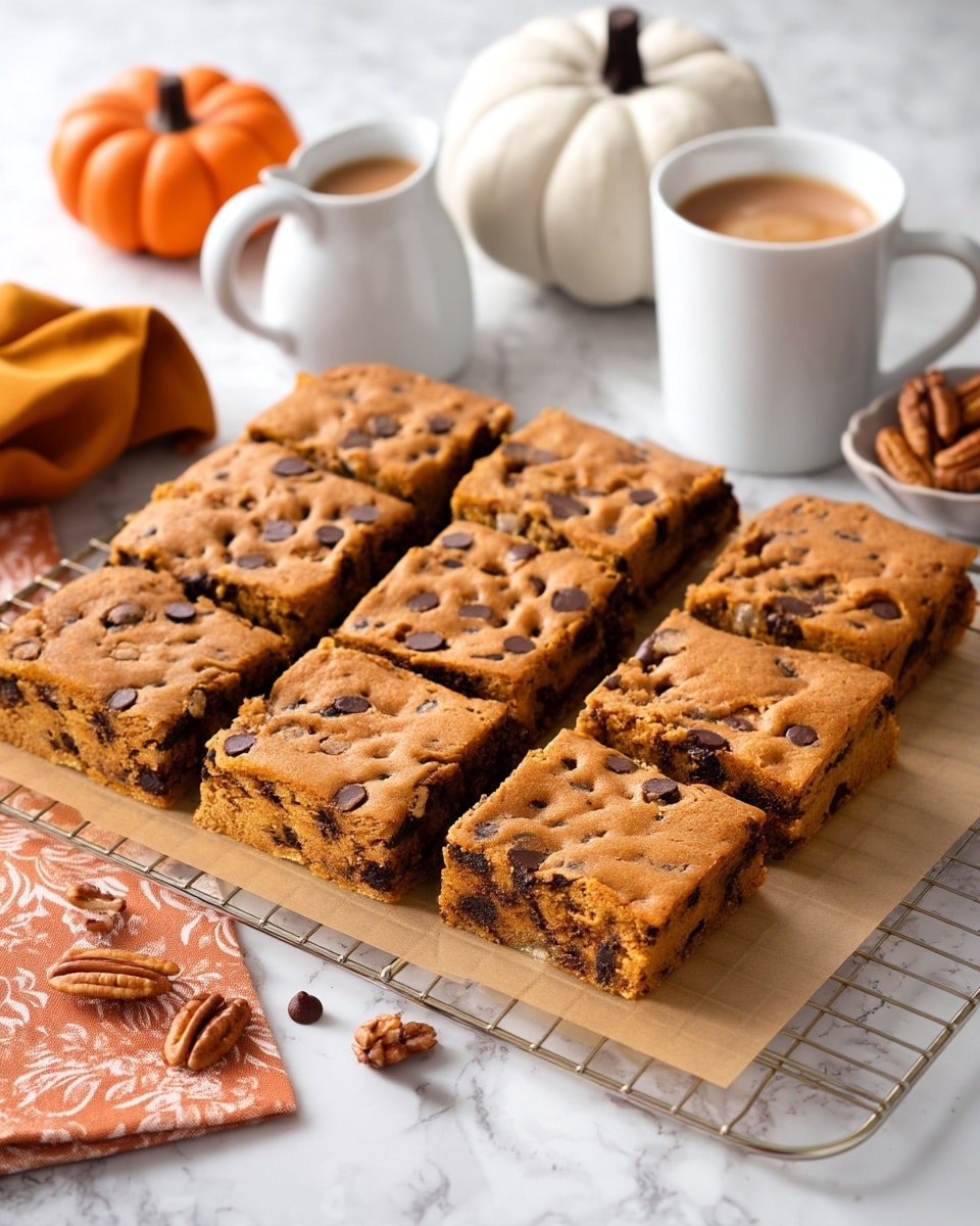 There are nine square chocolate chip bars arranged on a piece of parchment paper over a wire cooling rack. Each bar is light brown with dark chocolate chips scattered throughout, showing a slightly soft texture with some chocolate melty spots. In the background, there is a white mug filled with light brown coffee, a small white jug with milk, and a small white bowl containing pecans. A white decorative pumpkin and an orange cloth napkin are also visible. The whole setup is on a white marbled surface. photo taken with an iphone --ar 4:5 --v 7