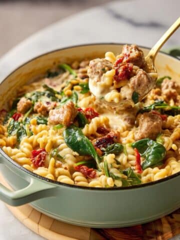 Italian Sausage Orzo Pasta with Sun-Dried Tomatoes and Spinach Recipe