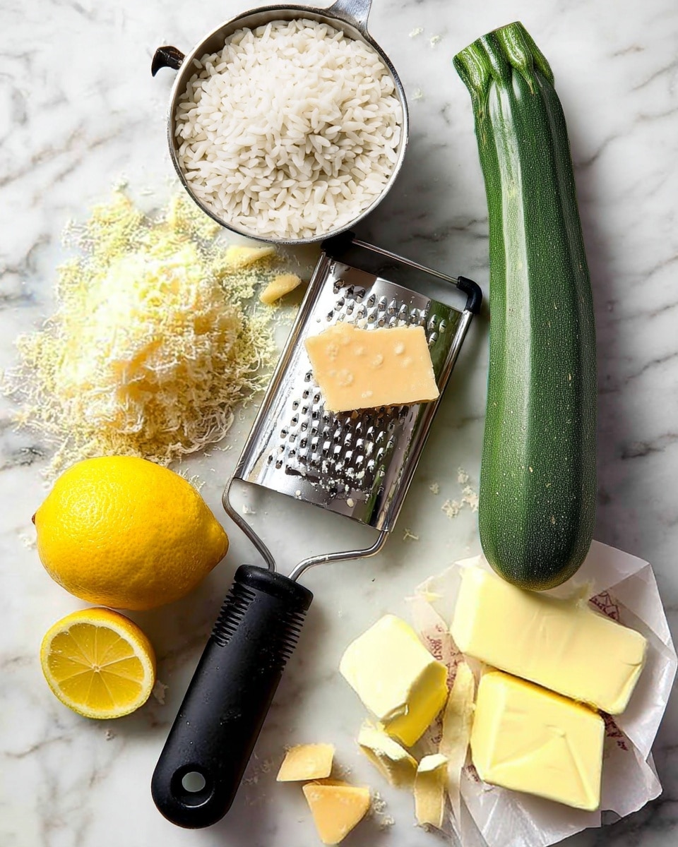 The image shows a white marble surface with several ingredients neatly arranged: a full green zucchini placed horizontally near the top, a metal measuring cup filled with raw white rice to the left, and a pile of finely grated cheese in the center. Near the cheese is a black-handled grater with some cheese pieces on it. To the right are a few chunks of yellow butter on an unwrapped paper, two lemon halves with bright yellow flesh facing up, and a few small broken cheese pieces scattered nearby. photo taken with an iphone --ar 4:5 --v 7
