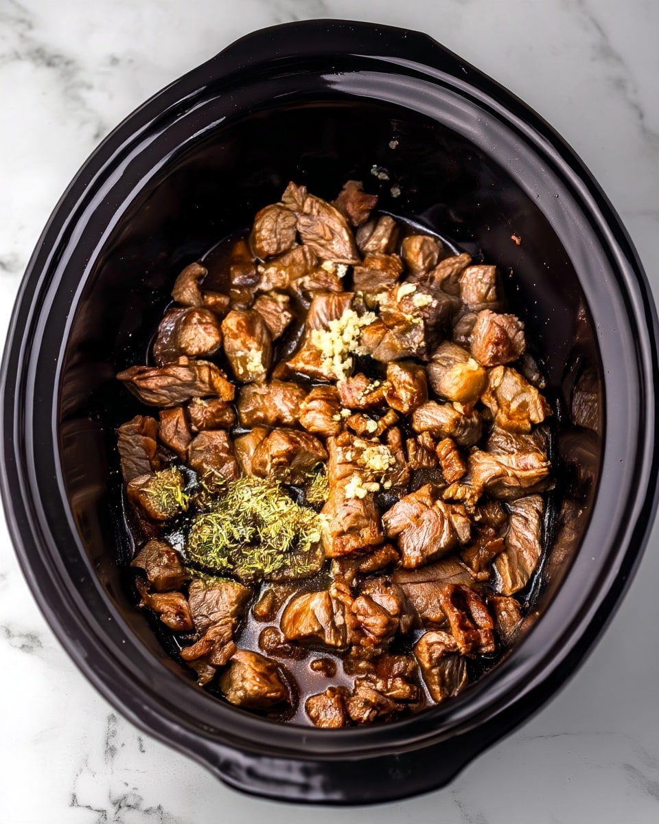 The image shows a black slow cooker filled with lots of brown cooked meat cubes, evenly spread inside. There are small piles of minced garlic and green dried herbs placed on top of the meat toward the center. The meat looks juicy with a slight shine, sitting in a thin brown sauce at the bottom of the cooker. The background is a white marbled texture. photo taken with an iphone --ar 4:5 --v 7