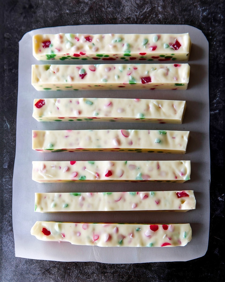 The image shows six long strips of white candy with small red and green bits scattered evenly inside. The strips lie side by side in a neat row on a sheet of parchment paper, placed on a dark surface. Each strip is smooth with a slightly uneven edge, and the colorful bits give a speckled look inside the white candy. The angles of the strips are straight, and the candy appears thick and solid. photo taken with an iphone --ar 4:5 --v 7