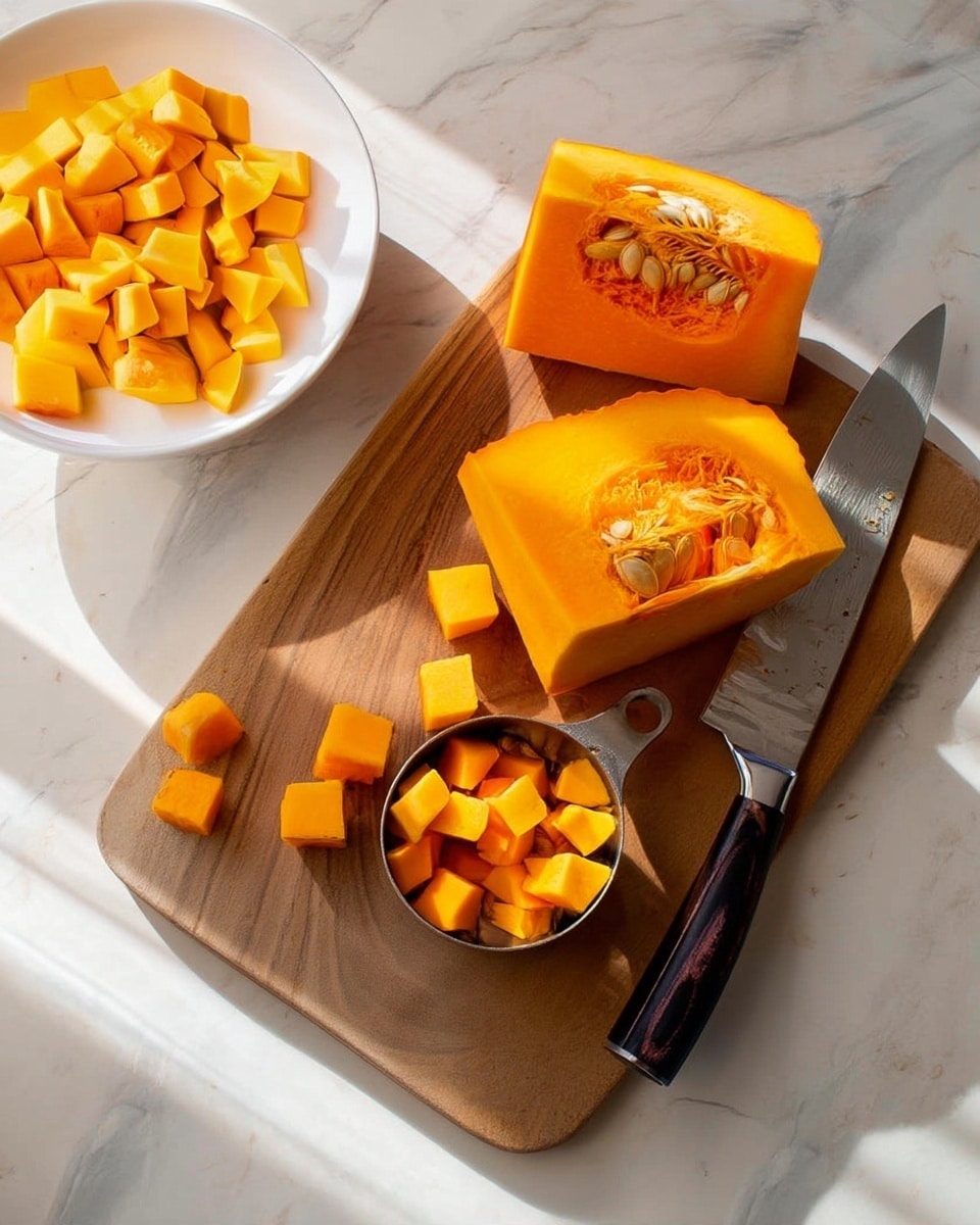 The image shows a wooden cutting board on a white marbled surface with two pieces of bright orange pumpkin, each showing seeds and stringy texture inside. Next to the pumpkin pieces, there is a metal measuring cup filled with small, evenly cut cubes of the same pumpkin. To the right of the cutting board, a large knife with a dark wooden handle lies flat. In the top left corner, a white bowl is filled with more irregular pumpkin cubes. The light creates soft shadows across the scene, emphasizing the fresh, vibrant color of the pumpkin pieces. photo taken with an iphone --ar 4:5 --v 7