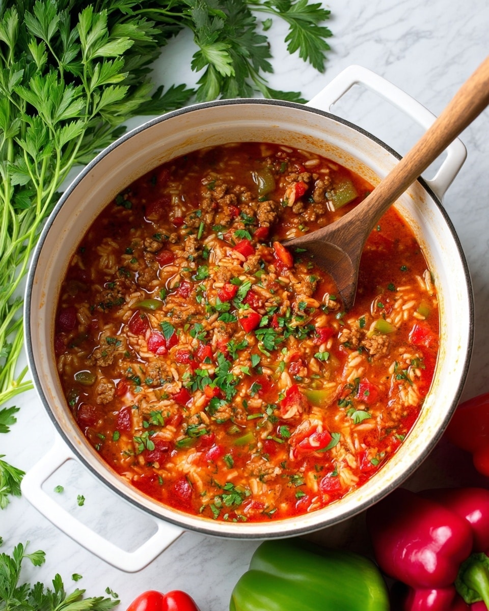 A white pot filled with a thick tomato-based rice dish, showing layers of white rice, red diced tomatoes, small pieces of green and red bell peppers, and browned ground meat all mixed together, topped with chopped green herbs. A wooden spoon rests inside the pot, stirring the colorful mix. The pot sits on a white marbled surface with fresh green herbs in the background, along with whole red and green bell peppers nearby. Photo taken with an iphone --ar 4:5 --v 7