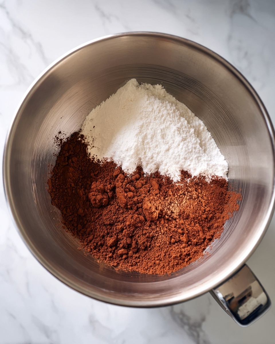 A top view of a silver mixing bowl with two dry ingredients inside, one layer of white sugar or flour on the left and another layer of dark brown cocoa powder on the right, both sitting side by side but not mixed. The bowl is part of a stand mixer, visible on the right edge. The background features a white marbled texture. Photo taken with an iphone --ar 4:5 --v 7