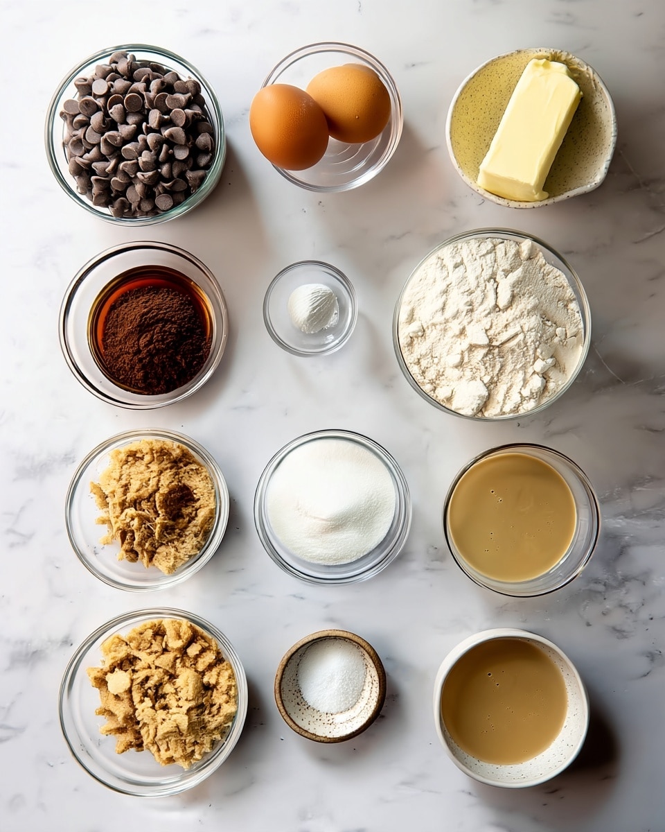 The image shows twelve small glass bowls and one small ceramic bowl with different baking ingredients placed neatly on a white marbled surface. The top row has a bowl filled with chocolate chips on the far left, followed by a bowl with two brown eggs, a bowl with a chunk of butter, and a bowl with white flour. The middle row contains a small bowl with vanilla extract on the left, then a bowl with baking soda, a bowl with coarse salt, a bowl with baking powder, and a bowl with a light brown liquid, possibly syrup. The bottom row includes a bowl filled with light brown sugar on the left, a small ceramic bowl with fine salt, a bowl filled with white granulated sugar, and a bowl with a creamy caramel-colored liquid. All bowls are on a clean white marbled background, and everything is arranged neatly in rows photo taken with an iphone --ar 4:5 --v 7