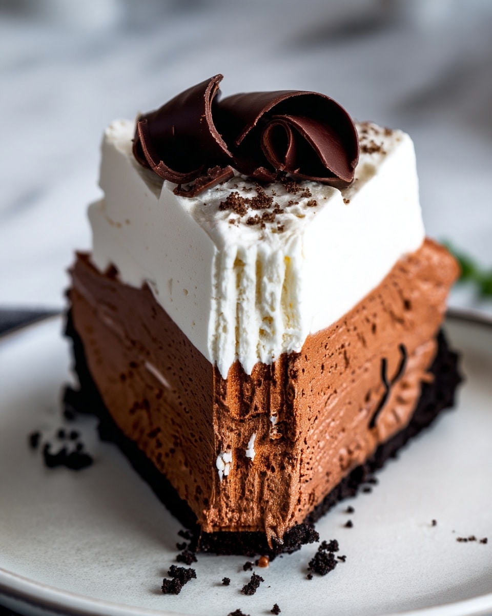 A pie with three clear layers sits in a white pie dish. The bottom layer is a dark, crumbly crust pressed against the edge of the dish. Above this is a thick, smooth light brown cream layer evenly spread. On top of the cream is a fluffy white whipped layer, swirled with soft peaks. In the center, a pile of dark chocolate curls, shiny and rich, decorates the pie for contrast. The pie sits on a white marbled surface with a soft gray cloth partially visible nearby. Photo taken with an iphone --ar 4:5 --v 7