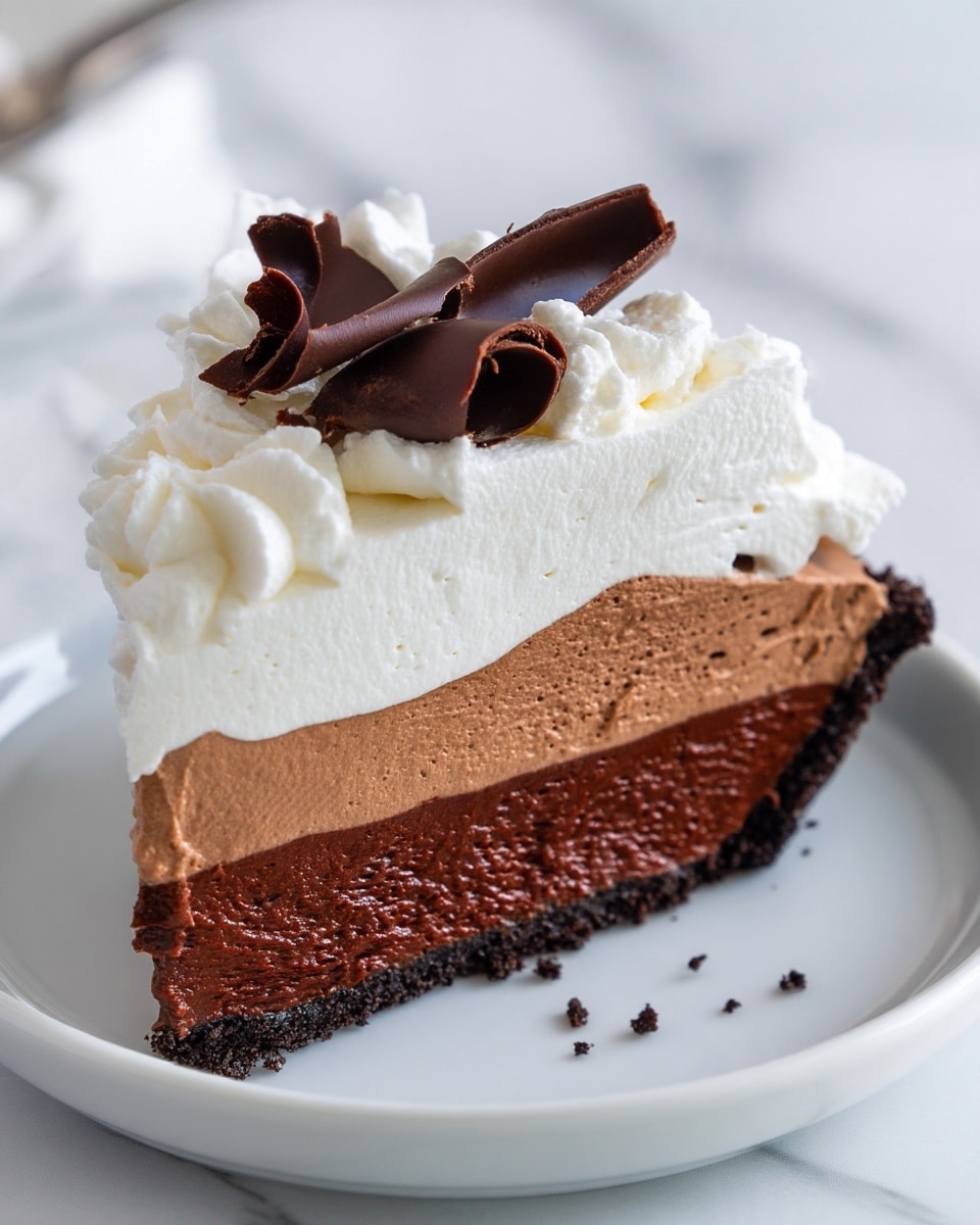 A close-up of a three-layered slice of mousse cake on a white plate with dark edges, set against a white marbled surface. The bottom layer is a dark, crumbly chocolate crust. The middle layer is a thick, fluffy brown chocolate mousse with a light, airy texture and small air holes. The top layer is a smooth, thick white cream with vertical ridges visible on the sides. At the very top, there are several dark chocolate curls, elegantly placed and slightly curled, adding a decorative touch. Small crumbs from the crust are scattered around the base on the plate. Photo taken with an iphone --ar 4:5 --v 7