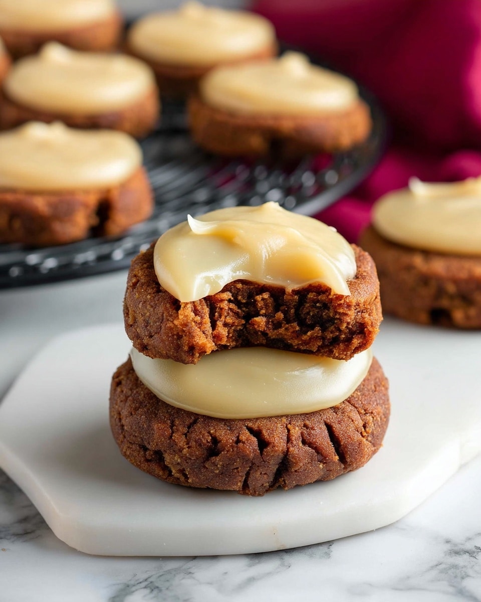 A close-up image shows a woman's hand holding a small round cookie with a bite taken from it, revealing a soft, dense brown inside. The cookie is topped with a smooth, creamy light beige frosting layer spread thickly on top. In the background, several more cookies with the same frosting on top are cooling on a black wire rack sitting on a white marbled surface, some are out of focus. photo taken with an iphone --ar 4:5 --v 7