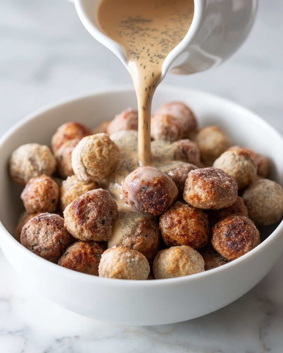 A white bowl filled with many small, round meatballs that have a golden-brown crust and a slightly powdery surface. A light beige sauce with visible green herbs is being poured over the meatballs from a white pitcher, creating a smooth stream that spills onto the top layer of meatballs. The bowl sits on a white marbled surface, showing the textures and colors clearly with soft natural light. Photo taken with an iphone --ar 4:5 --v 7