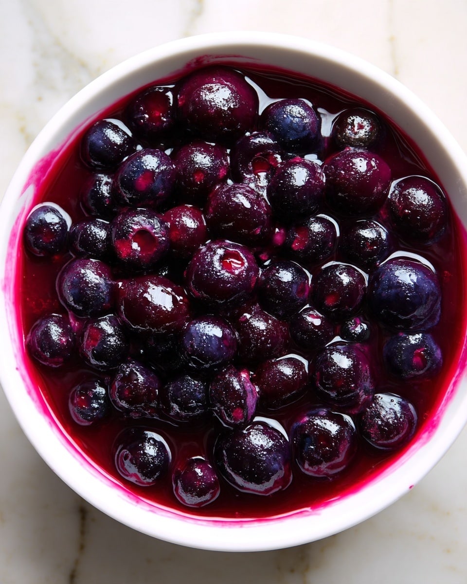 The image shows a close-up of a bowl filled with cooked blueberries. The blueberries are dark purple, almost black, and covered in a glossy, thick syrup that has a vibrant deep red color. The syrup gathers in the center, surrounded by the clustered blueberries that have a smooth texture. The bowl is white, and the background is a white marbled surface. Photo taken with an iphone --ar 4:5 --v 7