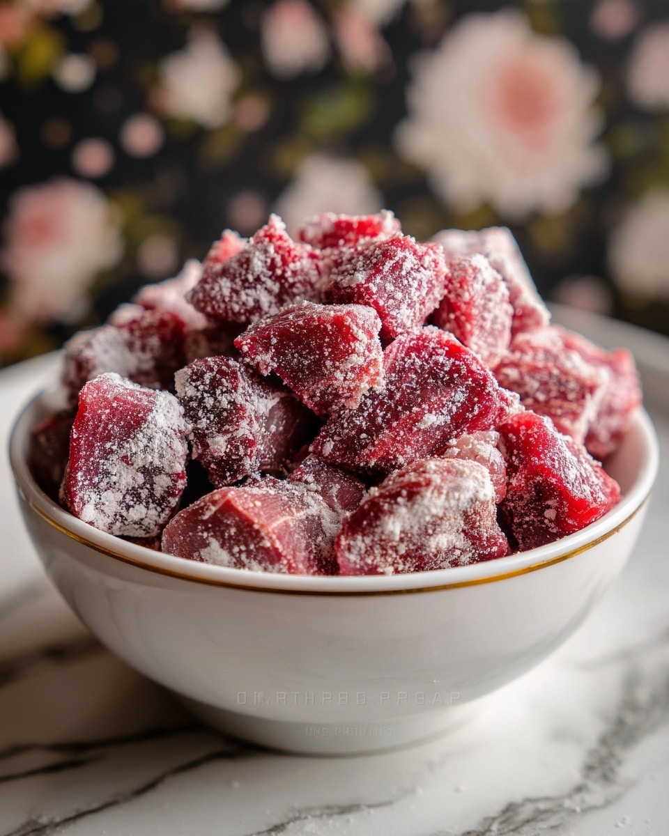 The image shows a white bowl filled with many pieces of raw red meat covered in a light dusting of white flour. The meat pieces have irregular shapes and rough, slightly powdery texture. The bowl is placed on a white marbled surface, and the background is softly blurred with dark flower patterns. The composition focuses closely on the bowl and meat, showing clear details of the flour coating and the raw meat's rich red and pink colors. Photo taken with an iphone --ar 4:5 --v 7