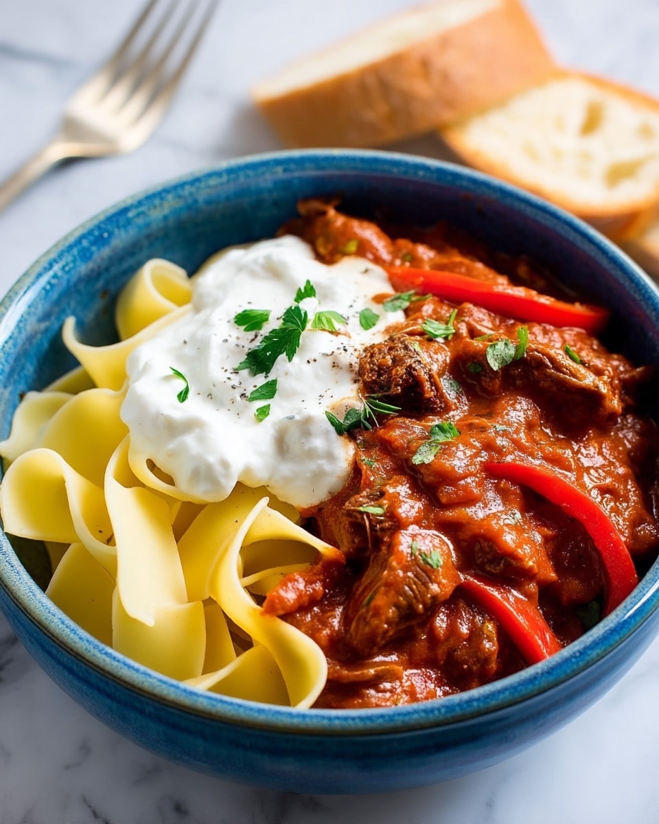 A blue bowl filled with two main layers: on the right side wide, flat pale yellow pasta ribbons with smooth and slightly curled edges, and on the left side a thick, rich reddish-brown meat sauce with chunks of meat and slices of red bell pepper. The sauce has a dollop of white cream drizzled on top, sprinkled with small green herb pieces. The bowl sits on a white marbled surface with a piece of bread and fork partially visible in the background. photo taken with an iphone --ar 4:5 --v 7