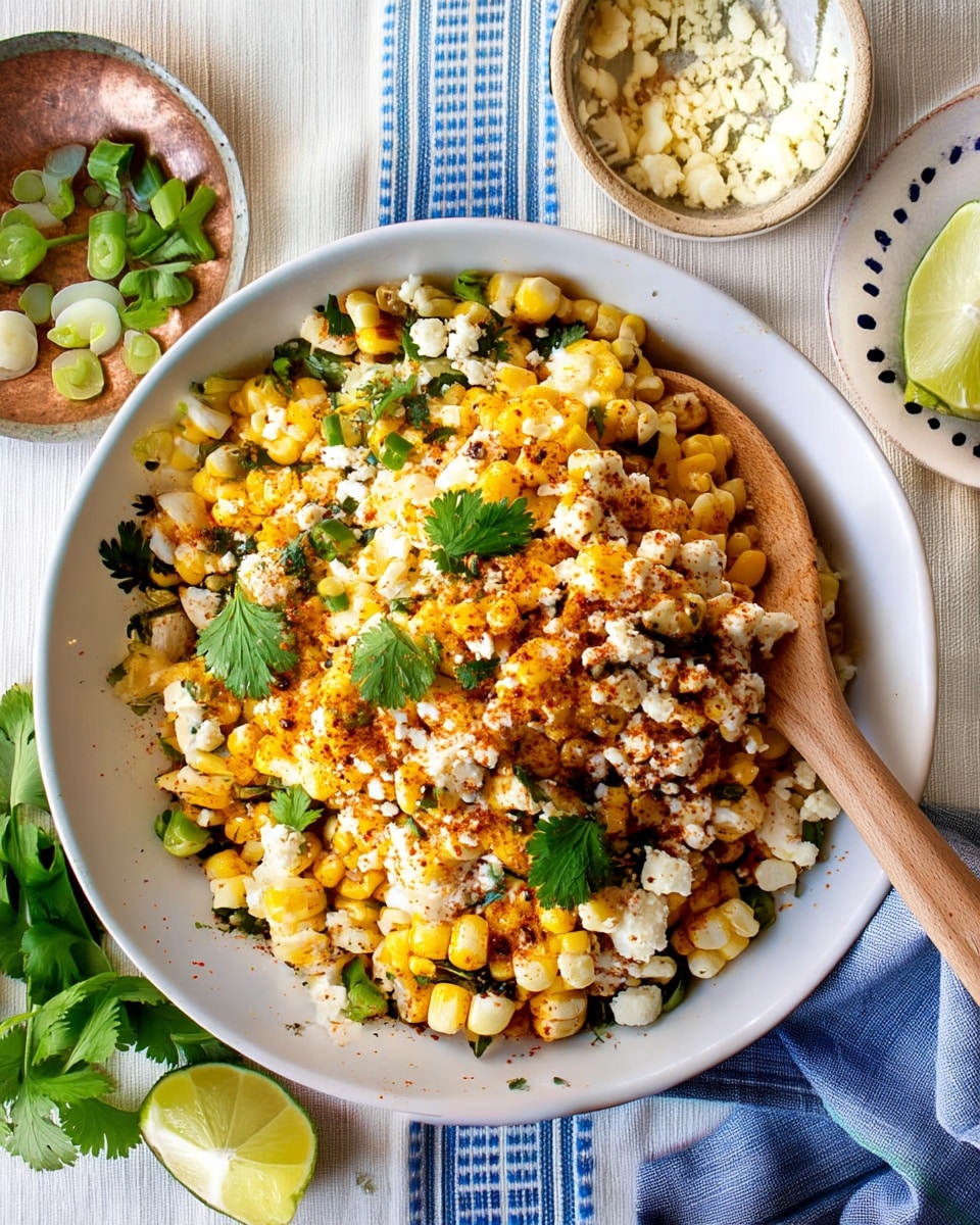 A white plate holds a colorful corn salad with two main layers: the bottom layer is made of yellow and white corn kernels mixed with finely chopped green herbs and small green chili pieces, while the top layer consists of sprinkled white cheese crumbs and fresh green parsley leaves scattered evenly. A wooden spoon rests inside the plate, partially covered by the corn mixture. The plate sits on a white marbled surface, surrounded by partially visible green herbs and sliced lime pieces. Photo taken with an iphone --ar 4:5 --v 7