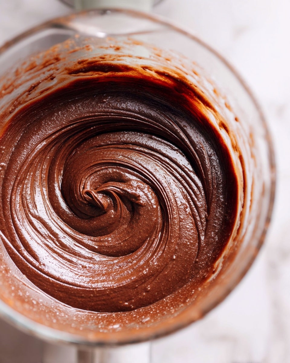 A close-up image of smooth, thick chocolate batter being mixed in a clear glass bowl attached to a stand mixer. The batter is a rich dark brown color with a glossy texture, showing spiral patterns created by the mixing motion. The background and surface have a white marbled texture, and the focus is mainly on the swirling chocolate mixture inside the bowl. Photo taken with an iphone --ar 4:5 --v 7
