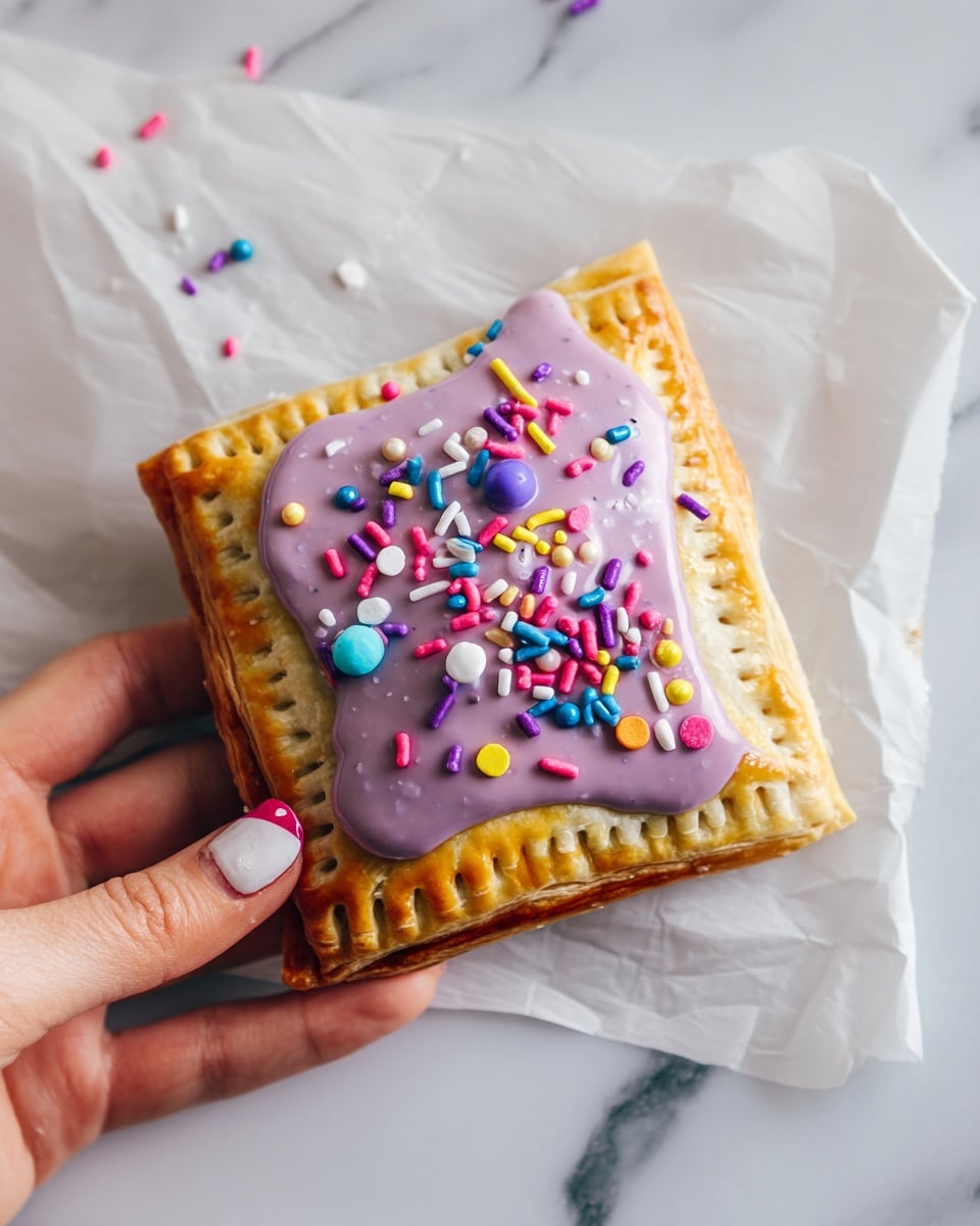 The image shows several square toaster pastries arranged on white parchment paper over a white marbled surface. Each pastry has a golden-brown crust with slightly browned edges. On top of each is a thick layer of light purple frosting that drips slightly over the edges. The frosting is decorated with colorful round and rod-shaped sprinkles in bright shades of pink, yellow, purple, blue, white, and green, scattered unevenly but vibrantly. Near the bottom of the image, a small clear bowl contains a mix of similar colorful sprinkles, adding a lively touch to the scene. photo taken with an iphone --ar 4:5 --v 7