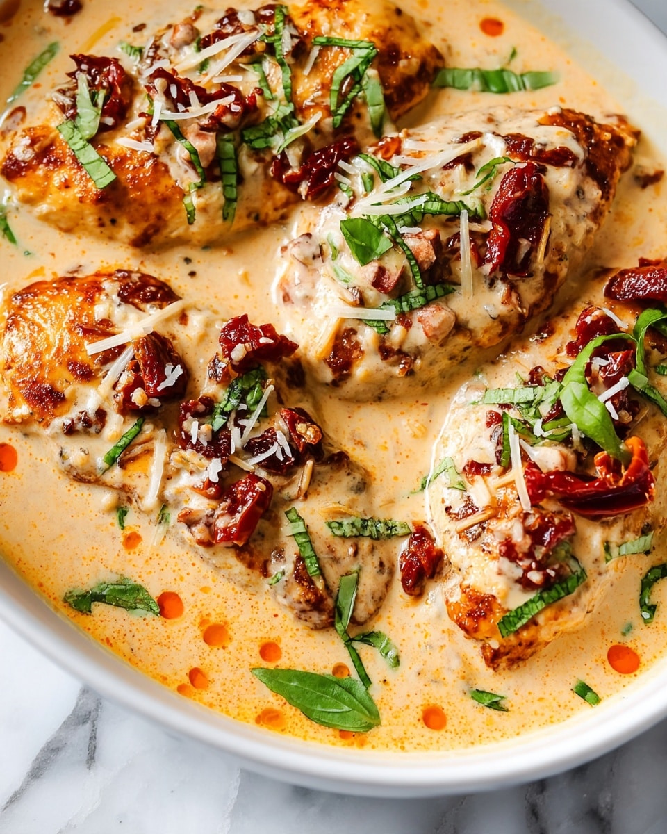 This image shows three pieces of cooked chicken placed in a thick, creamy sauce inside a black pan. The chicken pieces are golden brown with some darker caramelized spots, covered in a light beige sauce that has specks of red and herbs. On top of the chicken, there are small pieces of sun-dried tomatoes adding dark red patches, and finely shredded white cheese scattered over. Green basil leaves are thinly sliced and spread across the dish, adding a fresh layer of color. The creamy sauce fills the bottom of the pan but does not cover the chicken fully, revealing the texture of the meat and toppings. photo taken with an iphone --ar 4:5 --v 7