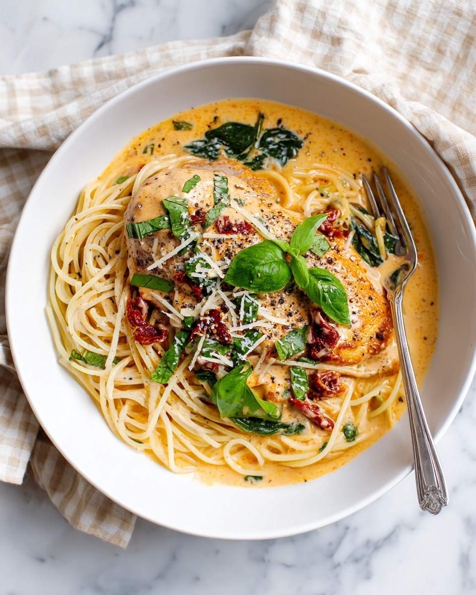 A round white bowl filled with a nest of light-colored spaghetti noodles as the bottom layer. On top, there is a creamy sauce with a light orange color, covering a piece of chicken. Fresh green basil leaves and small bits of sun-dried tomatoes are scattered over the sauce, adding pops of green and dark red. There is a sprinkle of grated white cheese and black pepper on top. A silver fork is resting on the noodles, partially twirling some pasta. The bowl is set on a white marbled surface with a beige and white striped cloth nearby. Photo taken with an iphone --ar 4:5 --v 7
