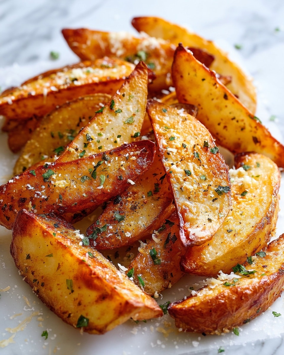 The image shows a baking tray filled with golden yellow potato wedges arranged in rows. Each wedge has an oily, shiny surface with small cloves of browned garlic and seasoning specks scattered evenly across. The potatoes have a slightly textured and crispy look, with some edges darker than others. The tray sits on a white marbled surface, and there is no plate or bowl visible. Photo taken with an iphone --ar 4:5 --v 7