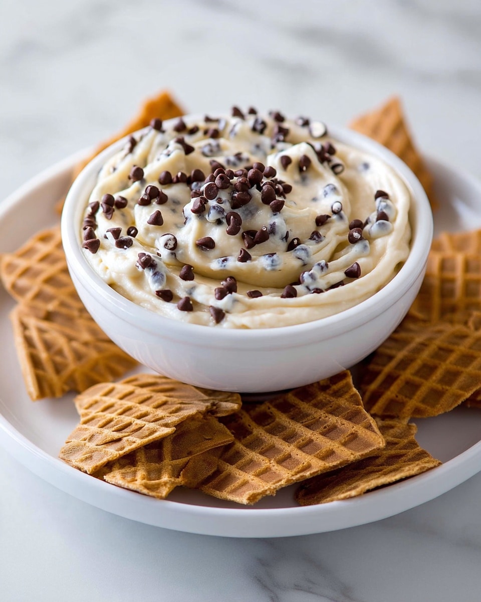 A white bowl is filled with creamy, off-white dip swirled in a spiral pattern and topped with scattered small dark brown chocolate chips. The bowl is placed in the middle of a white plate, which is surrounded by a ring of light brown waffle pieces with a grid texture. The background is a white marbled texture. photo taken with an iphone --ar 4:5 --v 7