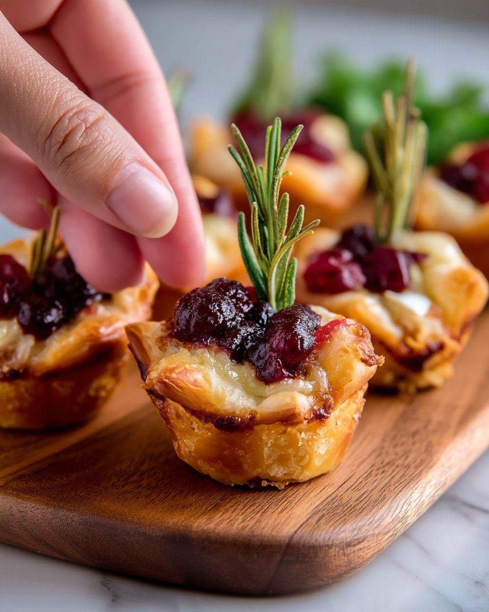The image shows small pastry cups with golden brown, flaky layers forming a crisp shell. Each cup is filled with a soft, creamy cheese layer topped with dark red, shiny cranberry sauce, adding a pop of color. Some of the cups are garnished with a sprig of rosemary that adds height and texture. The pastries are neatly arranged on a warm wooden surface, with a woman's hand gently holding one in the foreground. The background features a blurred bunch of green herbs, all set against a white marbled texture surface. Photo taken with an iphone --ar 4:5 --v 7
