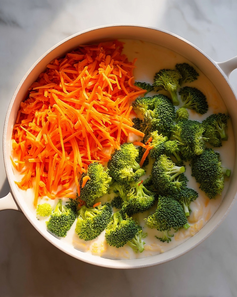 A white pot filled with a creamy white liquid base, with bright orange shredded carrots piled on the left side and fresh green broccoli florets scattered on the right side. The broccoli pieces vary in size, adding texture and depth, while the carrots create a dense, colorful contrast. The pot sits on a white marbled surface, and the lighting highlights the fresh, raw vegetables clearly. photo taken with an iphone --ar 4:5 --v 7