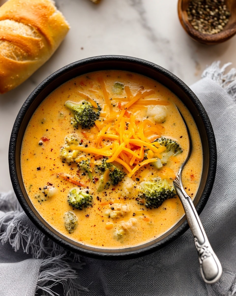 A black bowl filled with creamy light orange soup containing green broccoli chunks, small white cauliflower pieces, and thin orange carrot strips, topped with shredded cheddar cheese and sprinkled black pepper. A silver spoon rests inside the soup on the right side. The bowl sits on a soft light gray fringed cloth on a white marbled surface, with part of a torn golden bread roll and a small wooden bowl of black pepper visible in the upper right background. Photo taken with an iphone --ar 4:5 --v 7