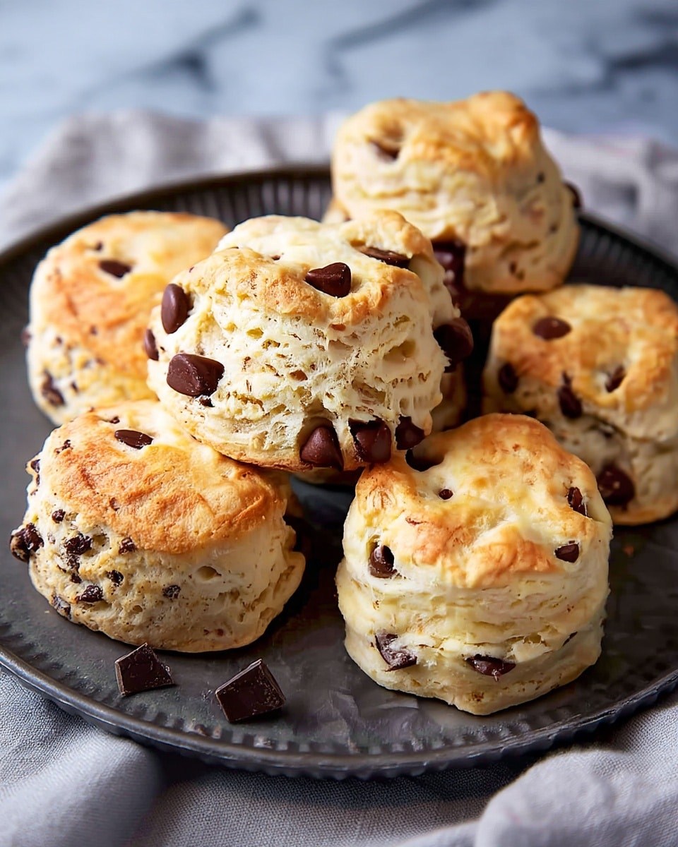 There are five thick, round scones with a light golden-brown top and visible layers and texture that show a soft, flaky inside. Dark chocolate chips are scattered throughout each scone, poking out from the sides and tops. They rest closely together on a dark metal plate. The white marbled surface and a light gray cloth are seen in the background. photo taken with an iphone --ar 4:5 --v 7
