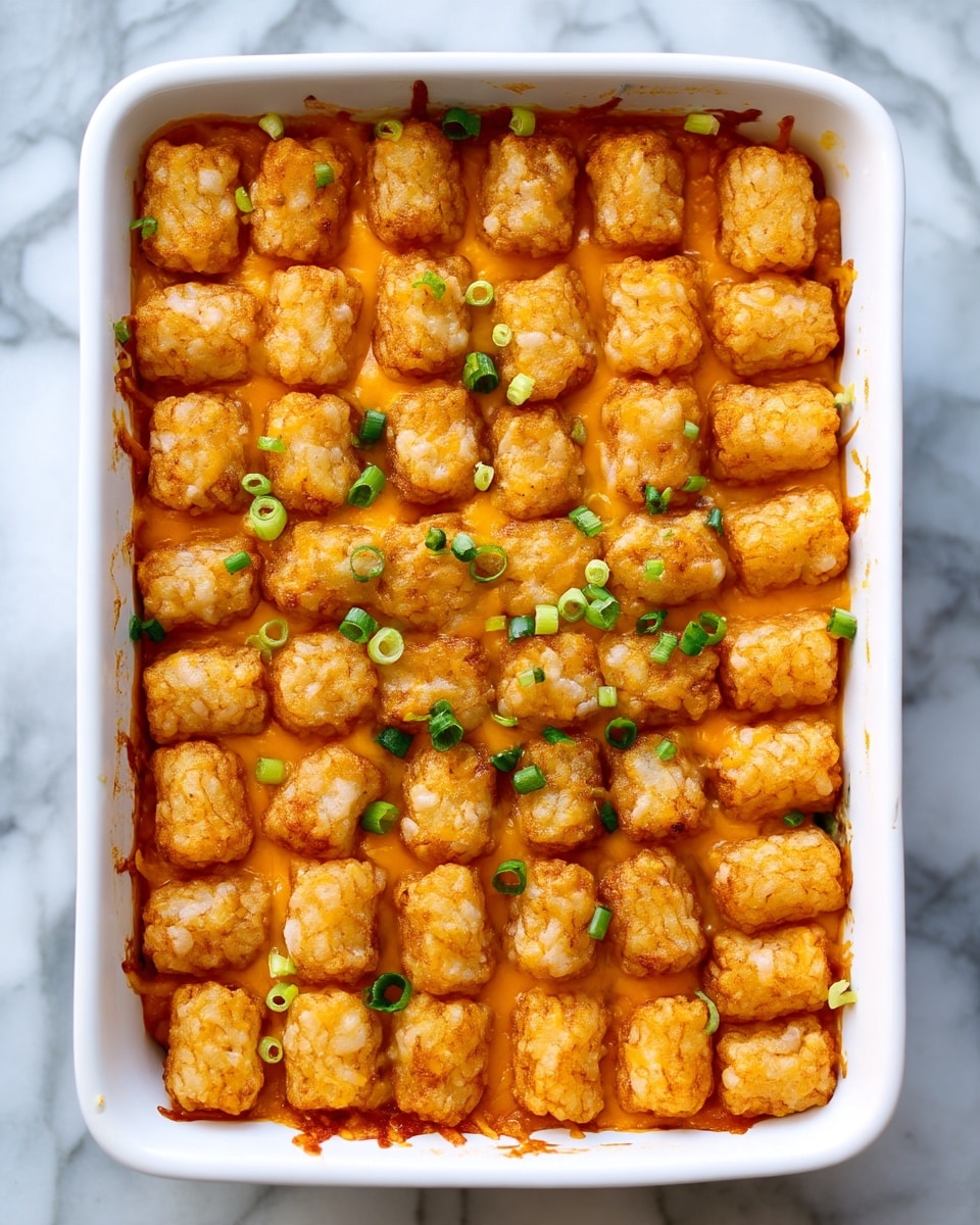 A rectangular white baking dish filled with a single layer of small, golden-brown tater tots neatly arranged in rows, sitting on a bed of melted orange cheese sauce that peeks through the gaps. The tater tots have a crispy texture with a light dusting of seasoning, and small pieces of chopped green onions are scattered on top, providing a touch of green contrast. The dish is placed on a white marbled surface. photo taken with an iphone --ar 4:5 --v 7