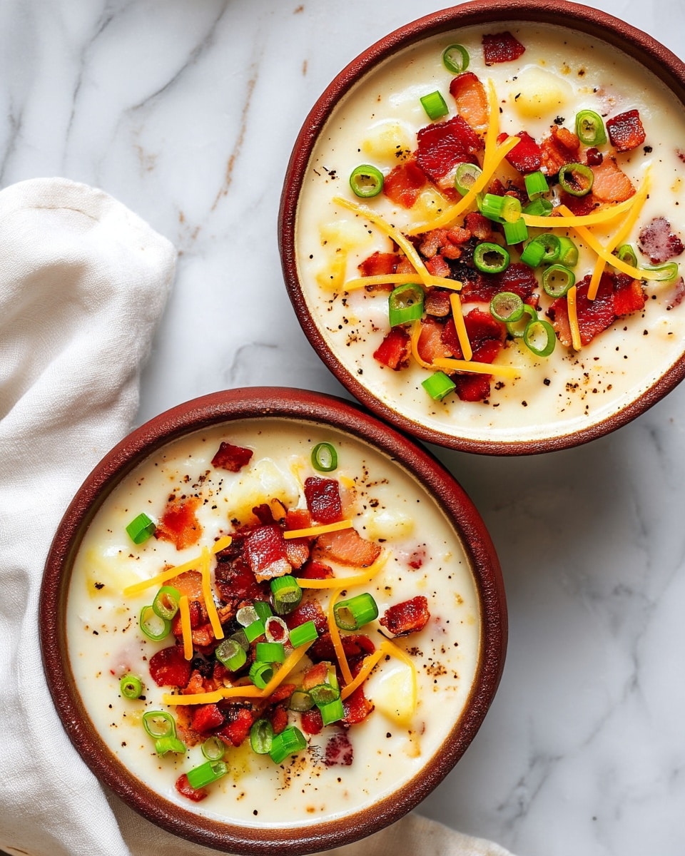 The image shows two bowls filled with thick, creamy white soup, each topped with crispy reddish-brown bacon bits, thin orange cheese strips, and bright green chopped spring onions. The edges of the bowls are a rustic deep brown, creating a strong contrast with the white soup. The soup surface is dotted with specks of black pepper and has small chunks visible inside, suggesting a hearty texture. The bowls are placed on a white marbled surface, and a white cloth is partially visible near the bottom left corner. Photo taken with an iphone --ar 4:5 --v 7