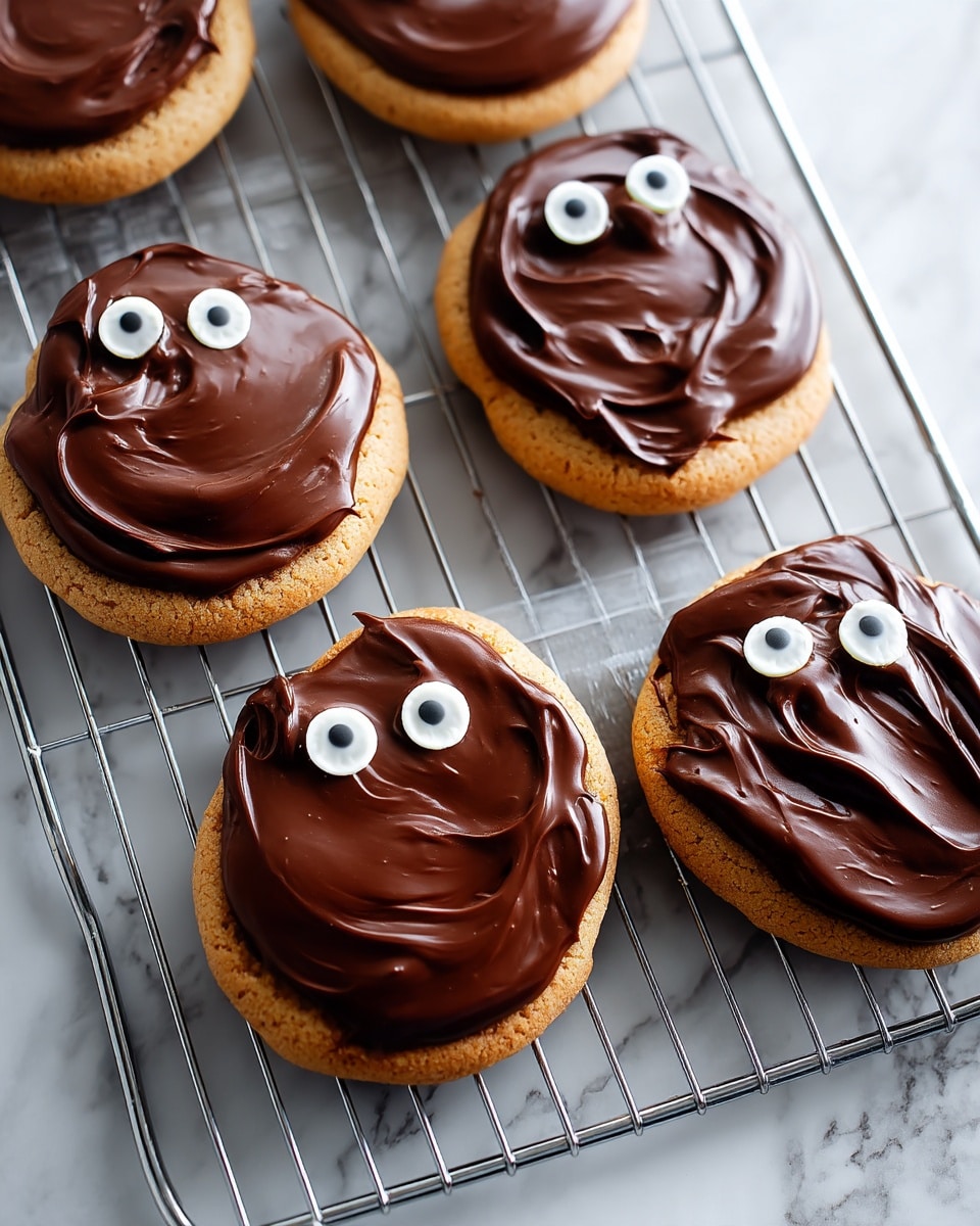 The image shows six round cookies placed on a metal cooling rack over a white marbled surface. Each cookie has a light brown base layer and is topped with a thick layer of shiny, smooth, dark chocolate frosting. On top of the chocolate frosting, there are two small white candy eyes with black centers positioned near the top edge of each cookie, giving them a playful ghost-like appearance. The chocolate frosting has slight swirls and textures that spread unevenly across each cookie. Photo taken with an iphone --ar 4:5 --v 7