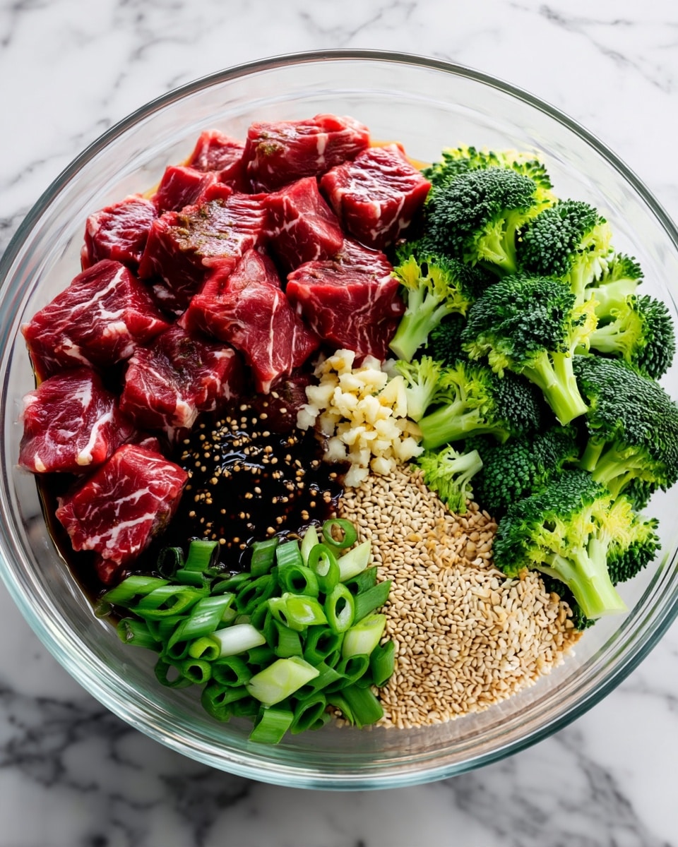 The clear glass bowl holds six separate piles arranged side by side on a white marbled surface. On the left, there are deep red beef cubes with visible marbling, next to a dark, shiny sauce mixed with small white and brown seeds. Near the sauce, white minced garlic forms a small heap. To the right, bright green broccoli florets stand out with their rough texture. In the front section, there is a pile of fresh, sliced green onions with pale green and white colors, and next to it, a heap of pale tan sesame seeds. The items sit clearly separated, showing a variety of colors and textures. Photo taken with an iphone --ar 4:5 --v 7