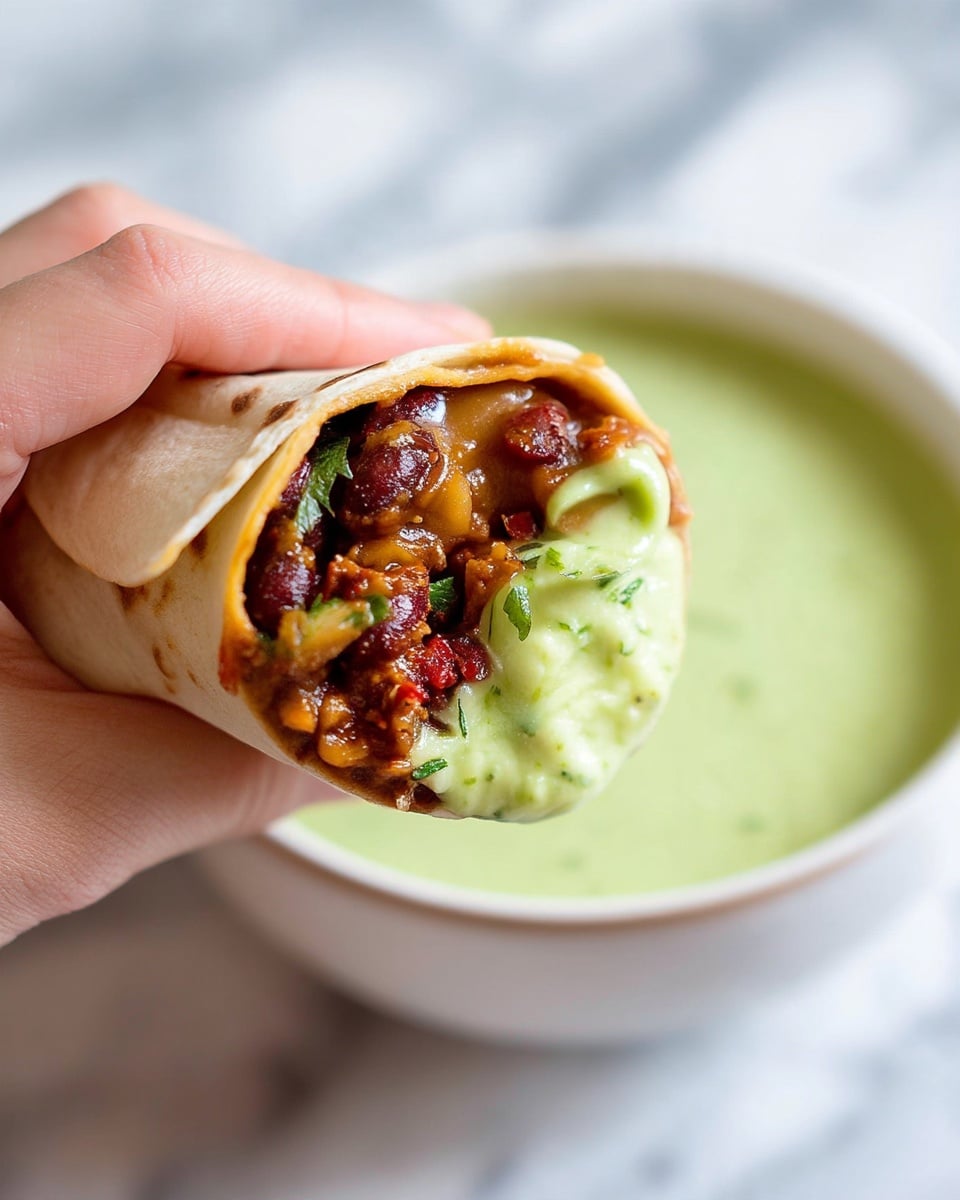 A close-up image shows a woman's hand holding a soft beige tortilla wrap filled with layers of food. The wrap is filled with a dark brown mixture that looks like cooked beans or meat, mixed with small bits of green herbs and red pieces. The bottom part of the filling has a thick light green sauce with a creamy texture. The wrap is held above a white bowl filled with the same light green sauce, which looks smooth and creamy with small green specks. The background is softly blurred with a white marbled texture. photo taken with an iphone --ar 4:5 --v 7