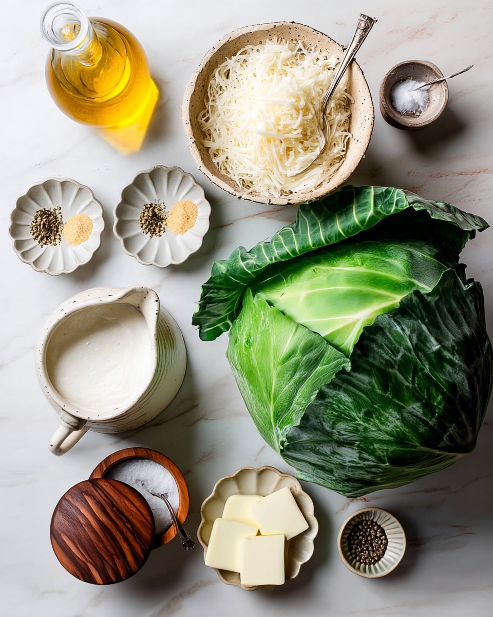 A whole fresh green cabbage with dark and light green leaves sits on the right side of a white marbled surface. Around it are small white dishes holding coarse salt, sliced butter, black pepper, and two small piles of dried herbs and garlic powder. A small rustic bowl filled with shredded white cheese is near the top center. A small glass bottle filled with yellow oil and a small white ceramic pitcher filled with white cream are also arranged on the surface. A wooden lid partially covers the salt container with a small silver spoon resting inside photo taken with an iphone --ar 4:5 --v 7