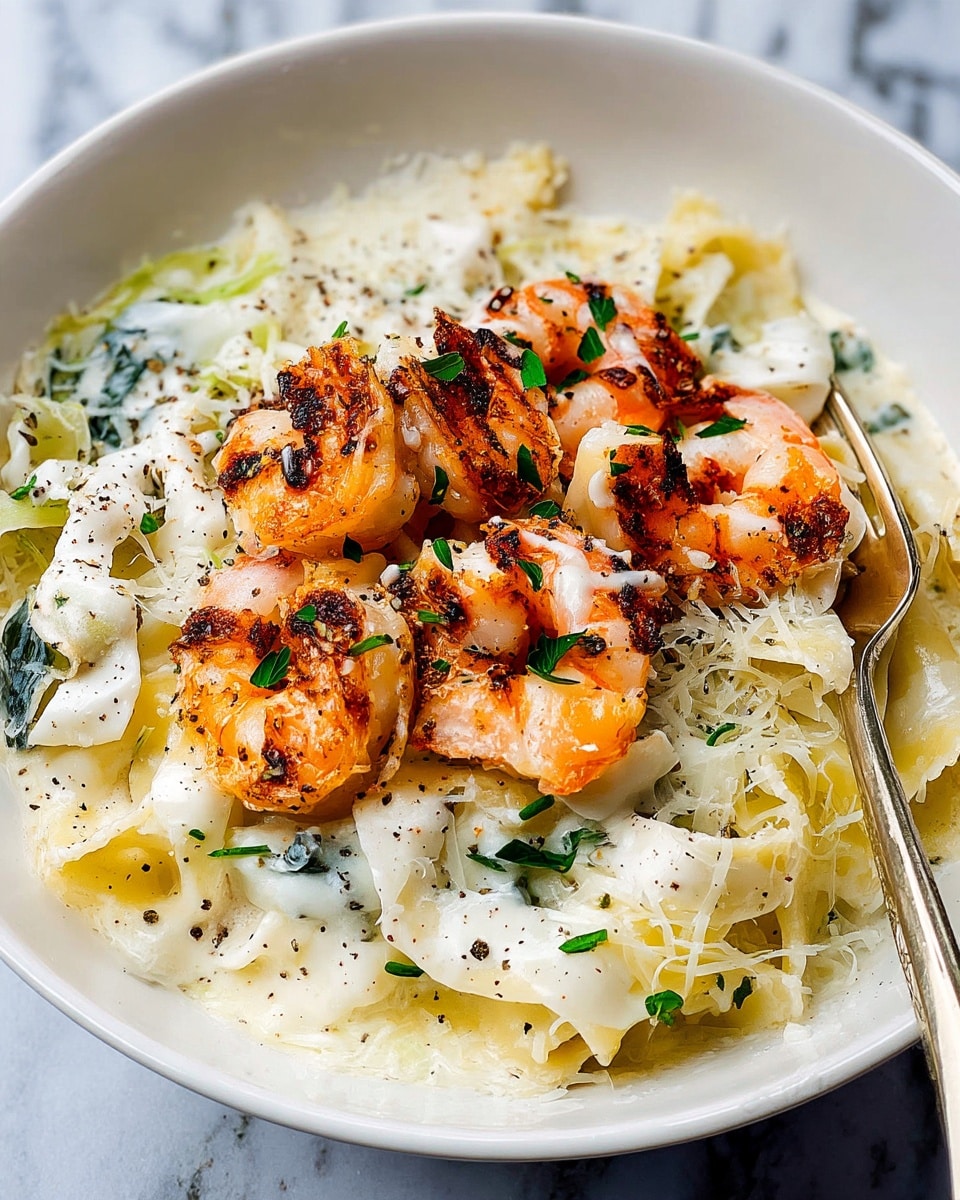 The dish is served in a white bowl with a white marbled surface and has three main layers. The bottom layer shows cooked wide pasta ribbons that are creamy white and folded with some visible sprinkled cheese. On top of the pasta, there are grilled shrimp that are orange-pink with dark char marks and sprinkled with chopped green herbs. The whole dish is covered with a creamy white sauce, lightly speckled with ground black pepper, adding texture and shine. A silver fork is placed inside the bowl among the pasta and sauce, enhancing the close-up, detailed view. photo taken with an iphone --ar 4:5 --v 7
